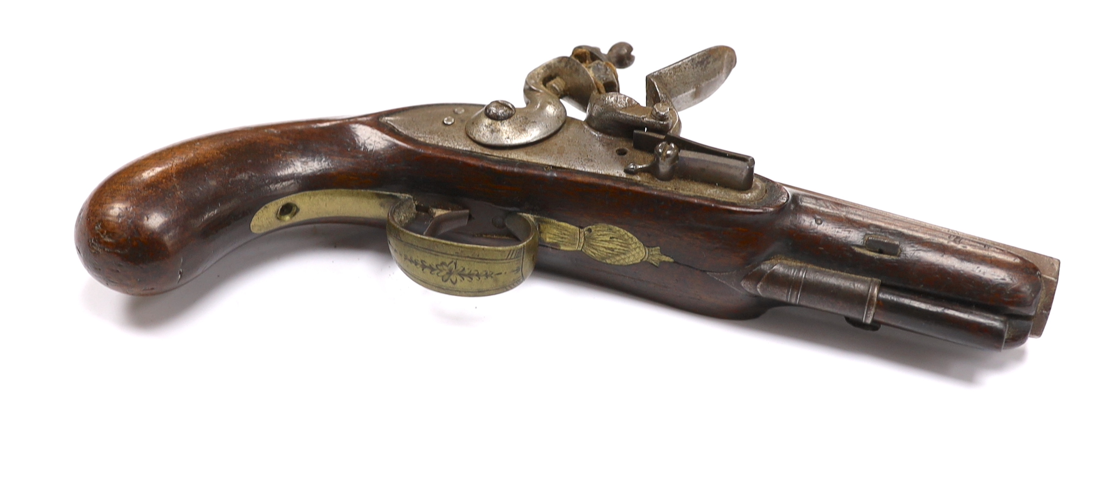 A flintlock overcoat pistol c.1820, octagonal barrel with gold inlaid breach line and engraved trigger guard, barrel 11.3cm